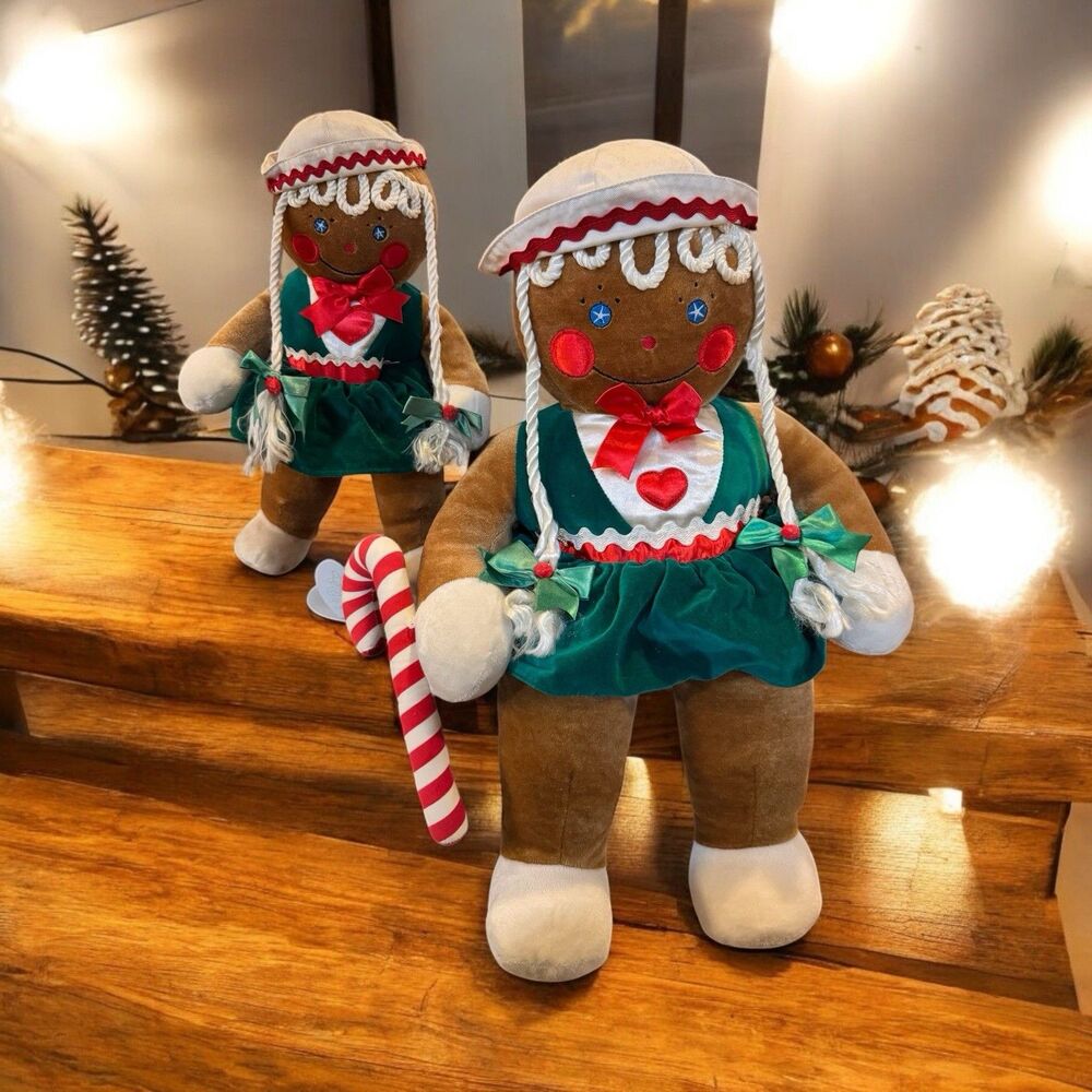 VTG 90s Plush Gingerbread Girls Dolls Christmas Decor 12"  & 19.5” Set Christmas